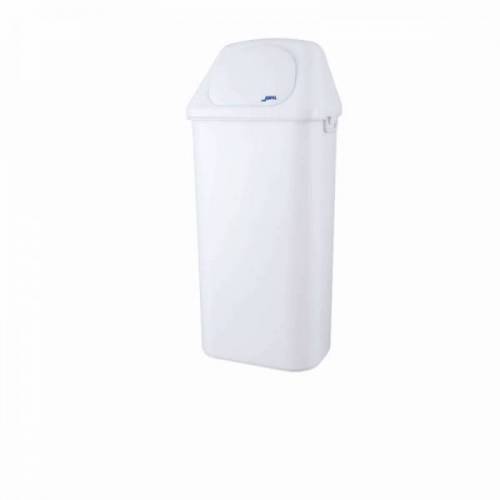 Papelera plástico blanca fijada a pared con tapa basculante